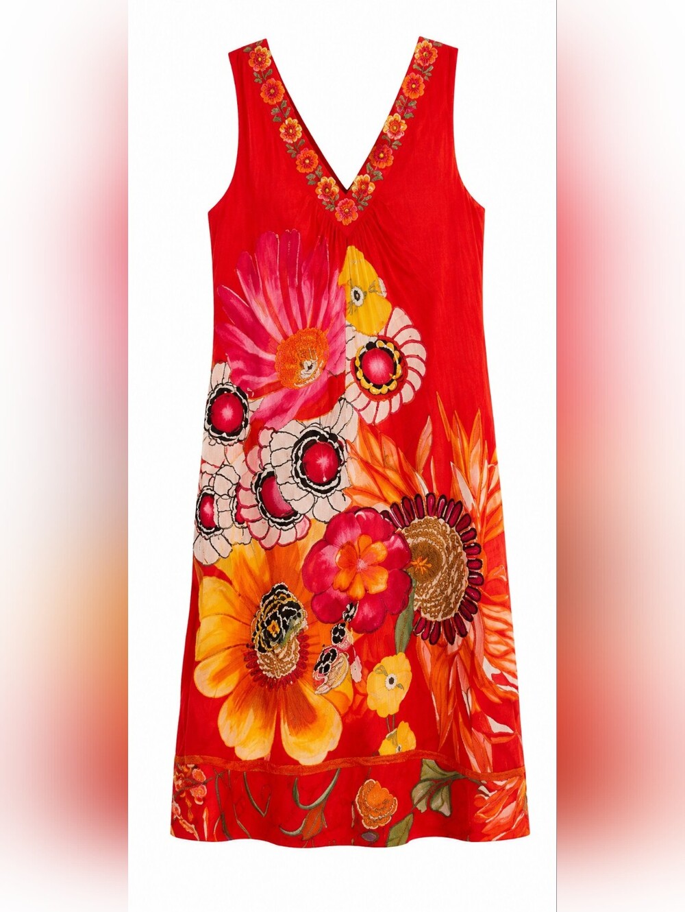 Ritu Kumar Red Floral Embroidered Cotton Dress, 4, XS, Boho, Beaded, Vacation